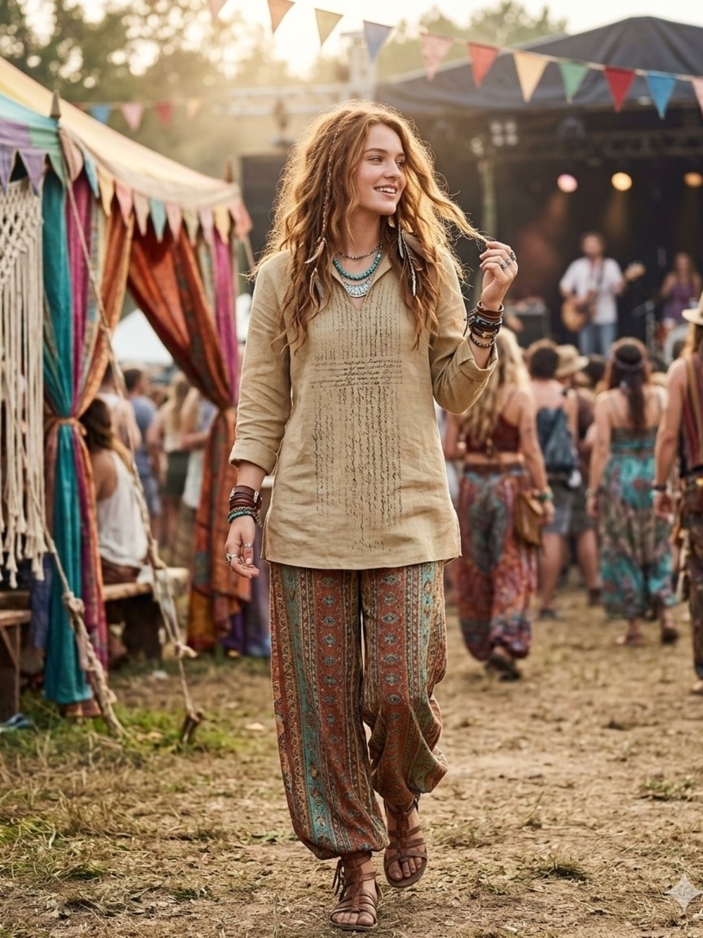 BALOOT Beige Linen Calligraphy Tunic Shirt - Boho V-Neck Pullover Top
